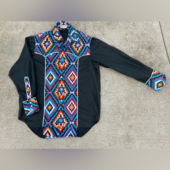 Source Unknown Other - Western Pearl Snap Long Sleeve Shirt Black Men XL Geometric Pattern Handmade C11